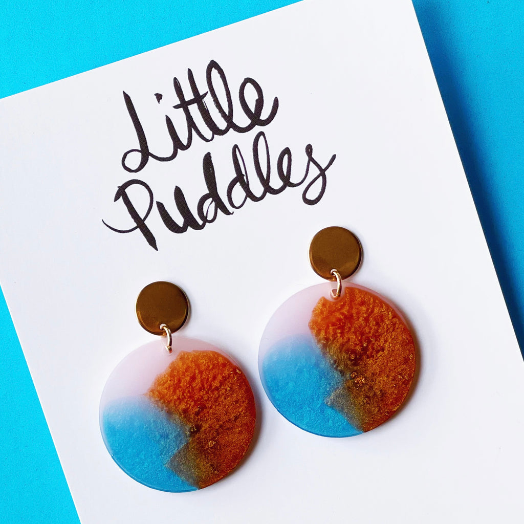 Statement Earrings - Round Drops - Resin Watercolour with Metallics