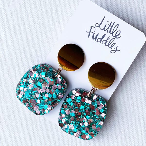 * NEW * Statement Earrings - Teal Pink Gold