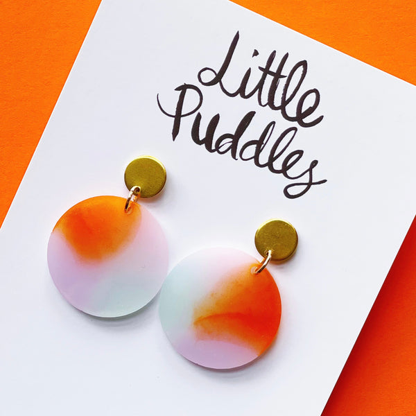 Statement Earrings - Round Drops - Resin Watercolour with Metallics